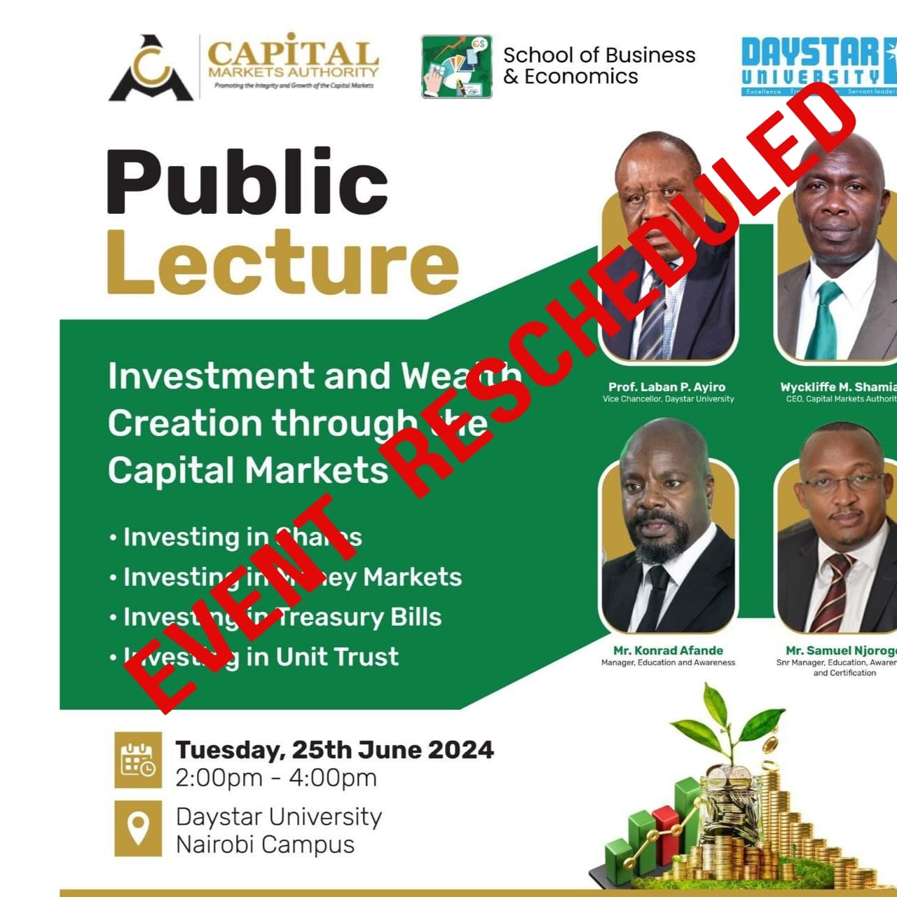 Daystar University School of Business &amp; Economics and Capital Markets Authority to hold a Public Lecture (Postponed)